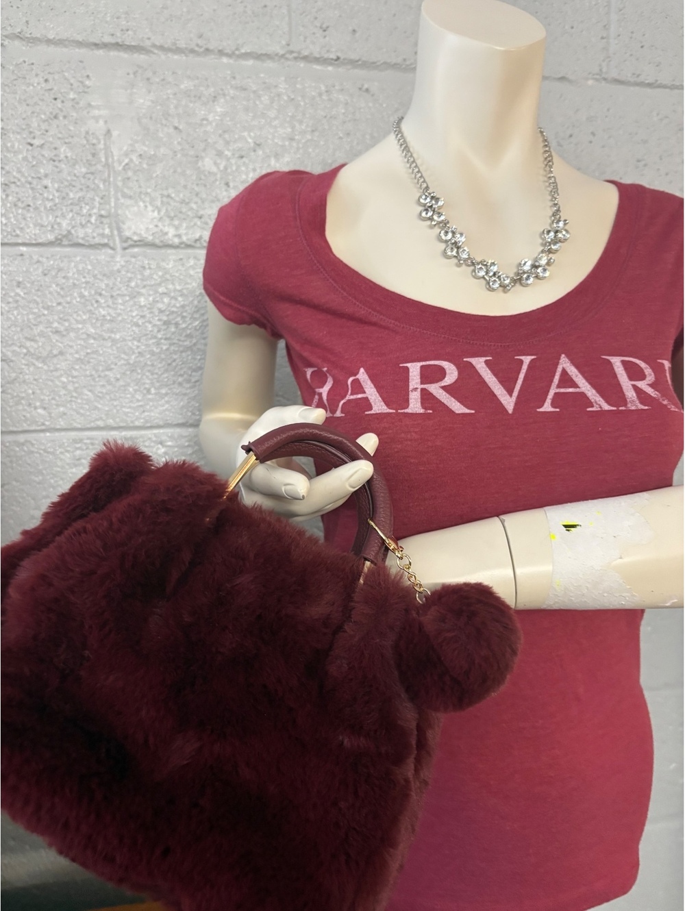 Michael kors burgundy Faux Fur Handbag with Gold Chain and Leather Strap
